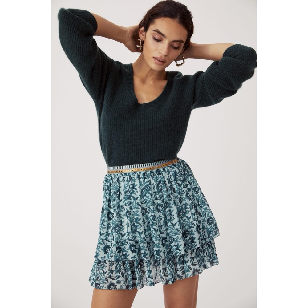 NWT Anthropologie Nikasha Turquoise Embroidered Tiered Mini Skirt XL